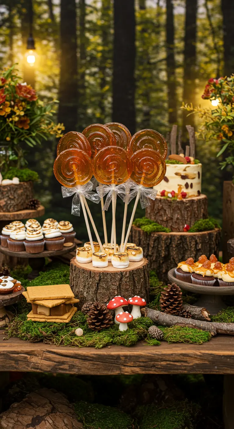 Rustic woodland-themed dessert table with s'mores, moss, and tree stump platters.