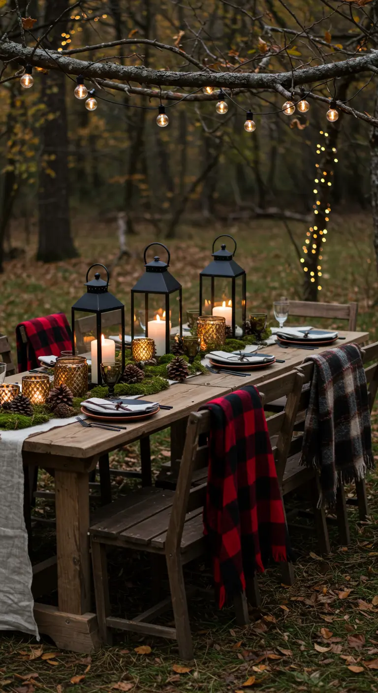 A rustic wooden table in a forest set with lanterns, pinecones, and plaid throws.