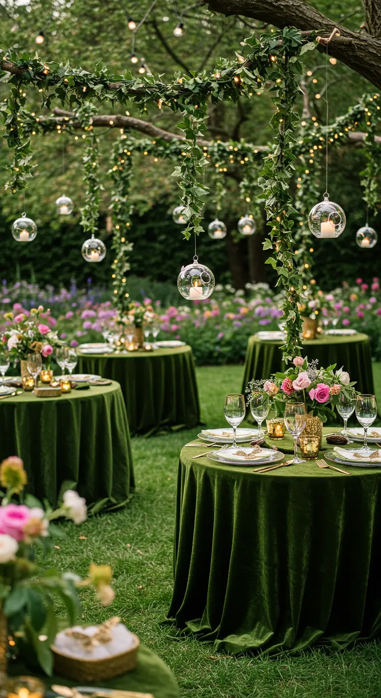 Garden tables with green velvet cloths under hanging glass orbs with candles.