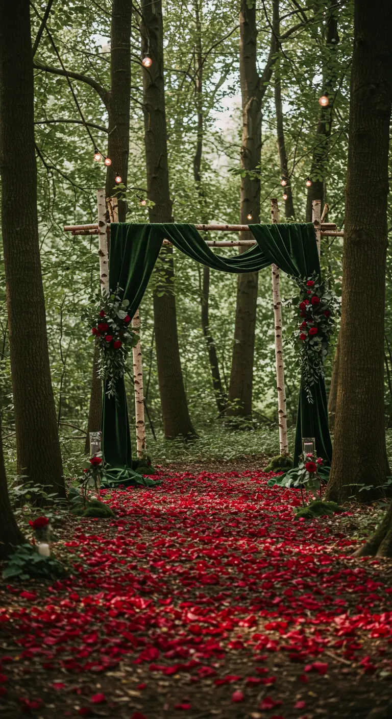 Wedding arch of birch trees and green velvet in a forest with a red rose petal aisle.