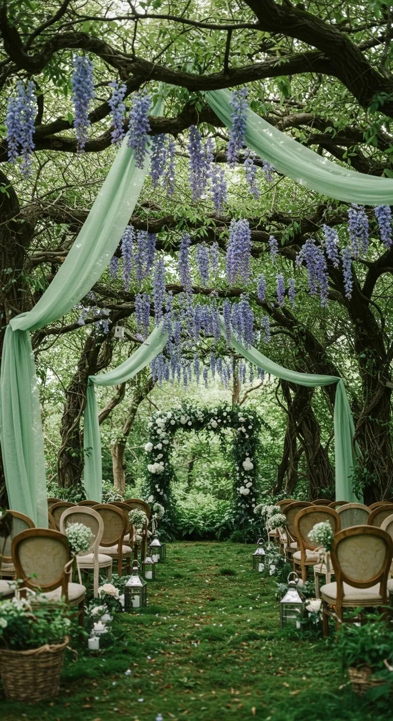 Wedding aisle in a forest with mint green drapes and hanging wisteria.