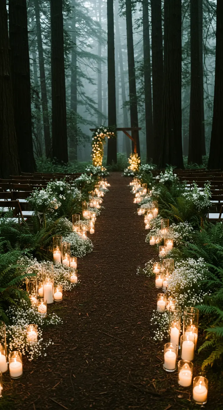 A candlelit wedding aisle through a foggy redwood forest.