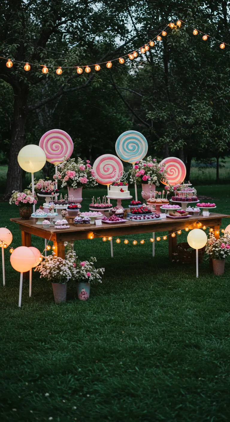 Outdoor candy-themed dessert table at dusk with string lights and balloon lollipops.