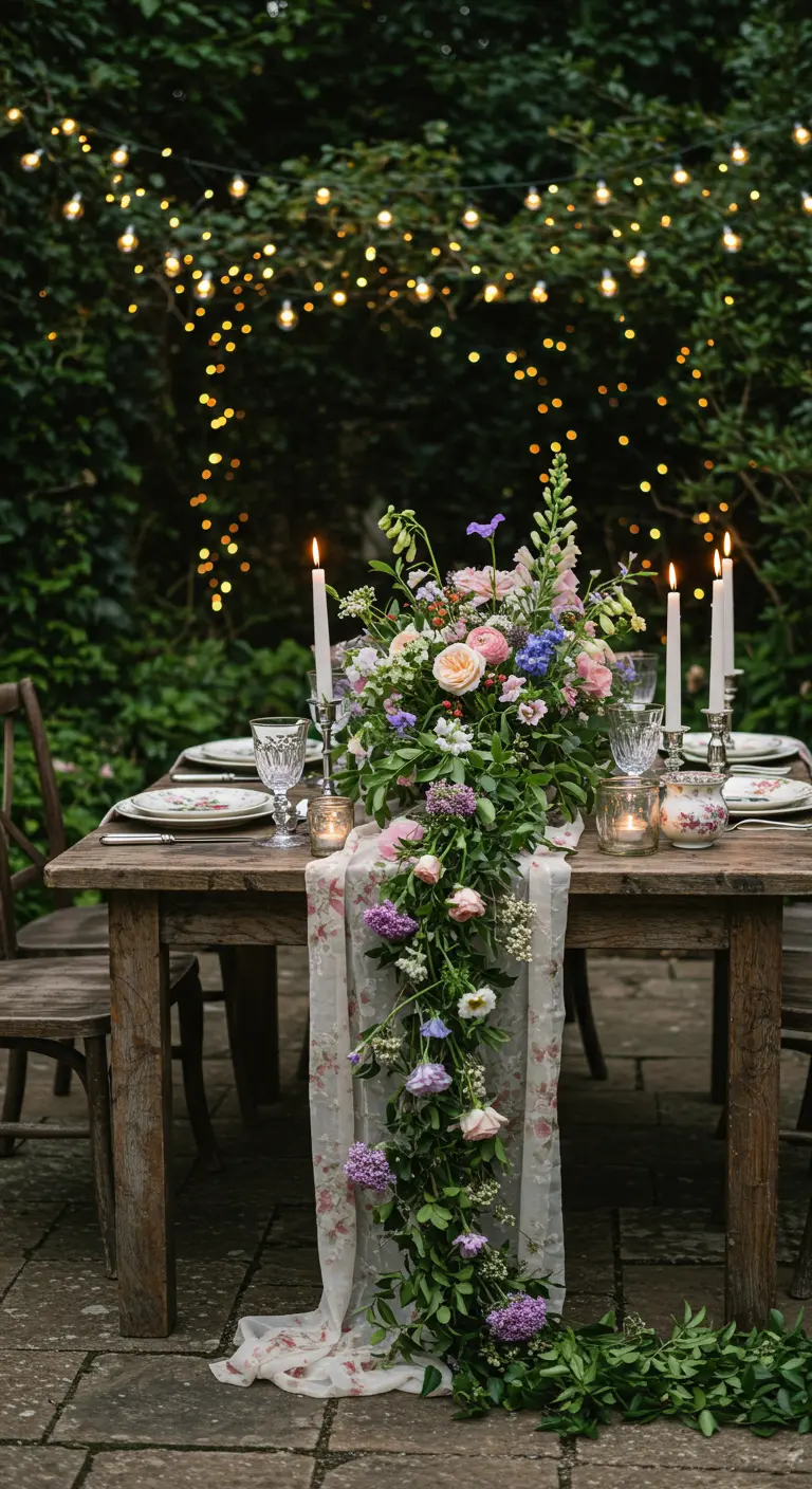 Rustic wooden table in a garden with a cascading floral centerpiece and string lights overhead.