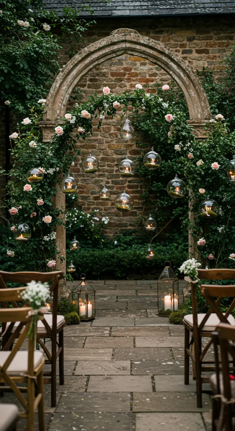 A natural stone archway covered in roses with hanging glass orb candles.