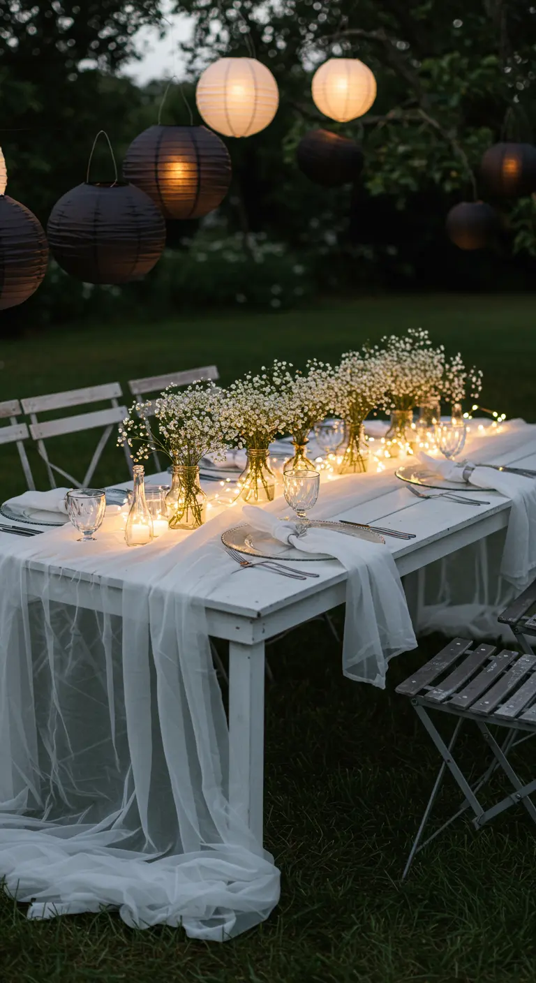 Outdoor garden table with a sheer white runner, fairy lights, and baby's breath.