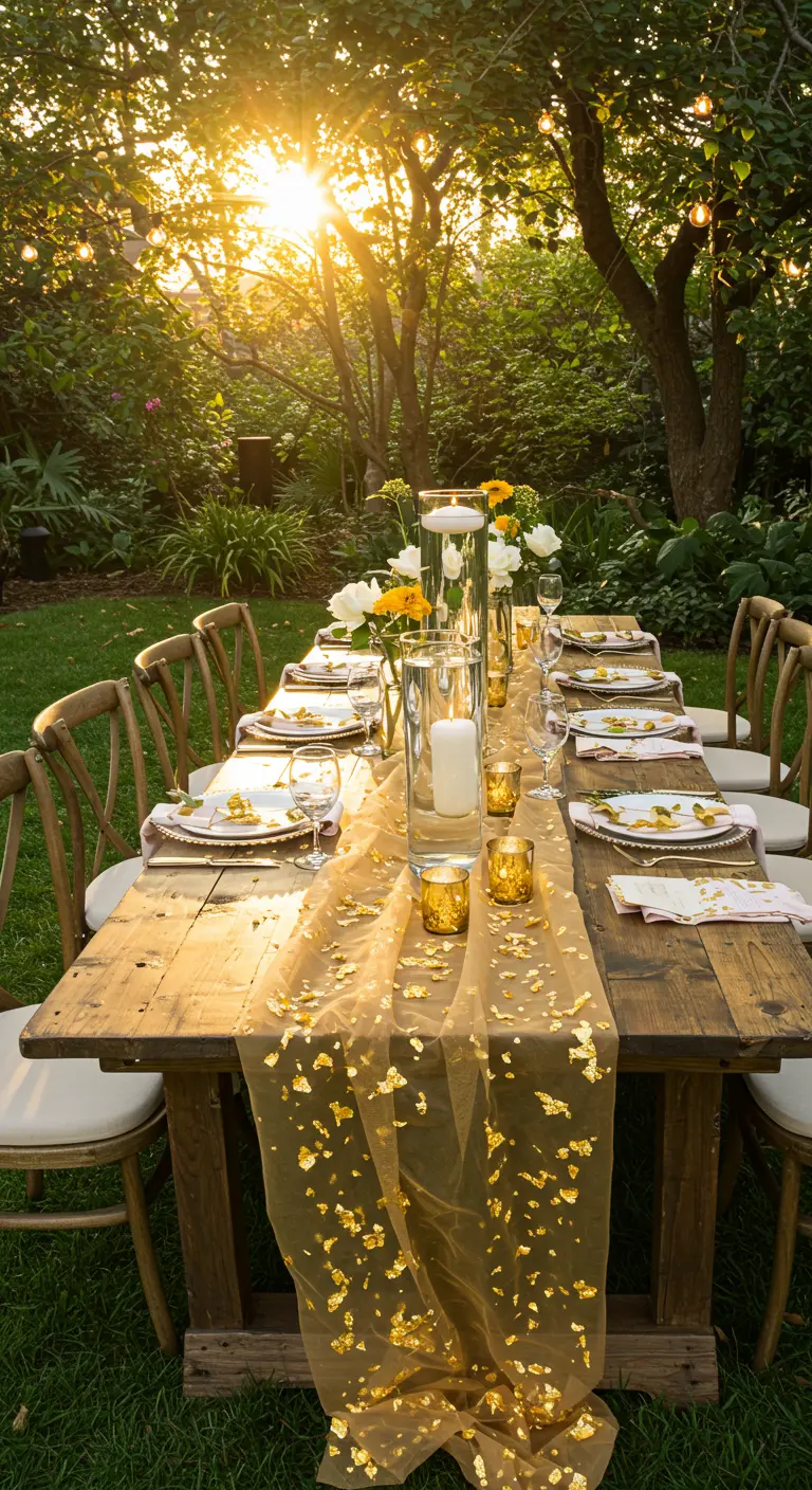 Rustic wood table in a garden with a sheer gold-flecked runner and floating candles.