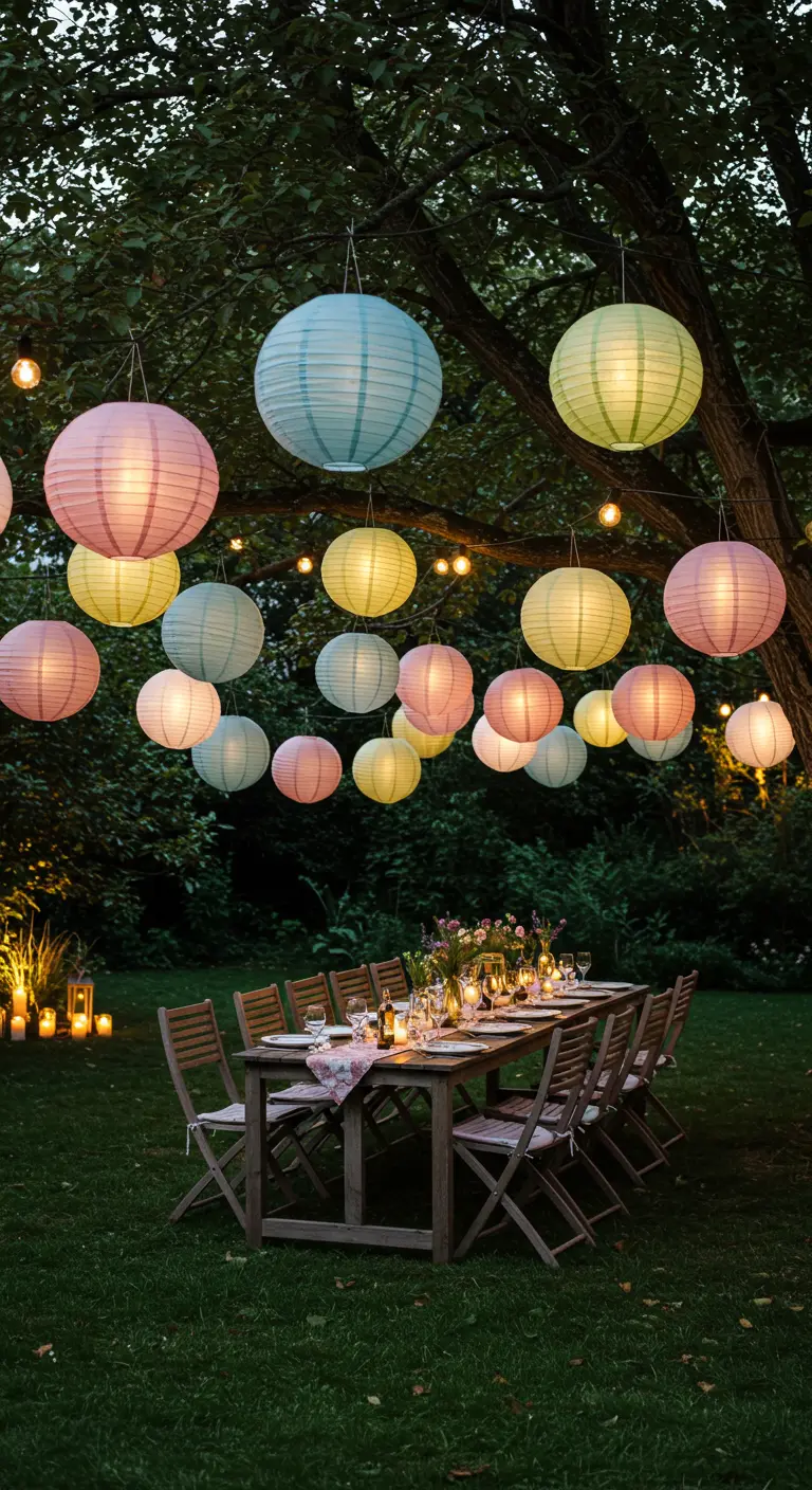 Pastel paper lanterns with lights hanging from a tree over a dinner table.