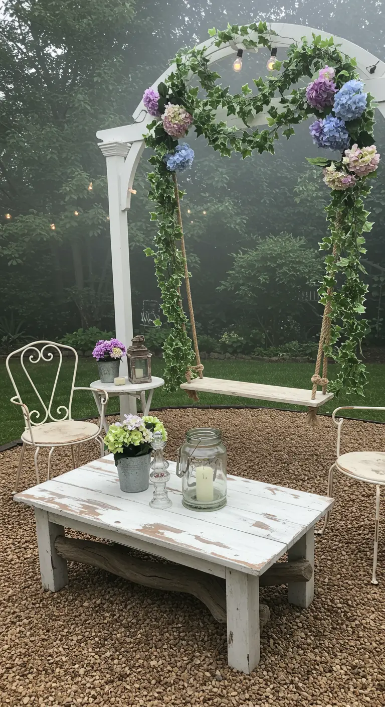 Garden nook with a white distressed coffee table and a rope swing decorated with ivy and hydrangeas.