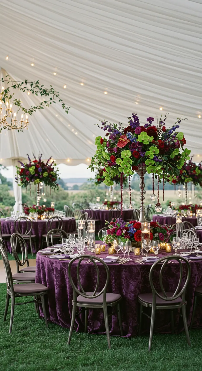 Outdoor tent with purple velvet tables, lush green and red floral centerpieces, and hanging crystals.