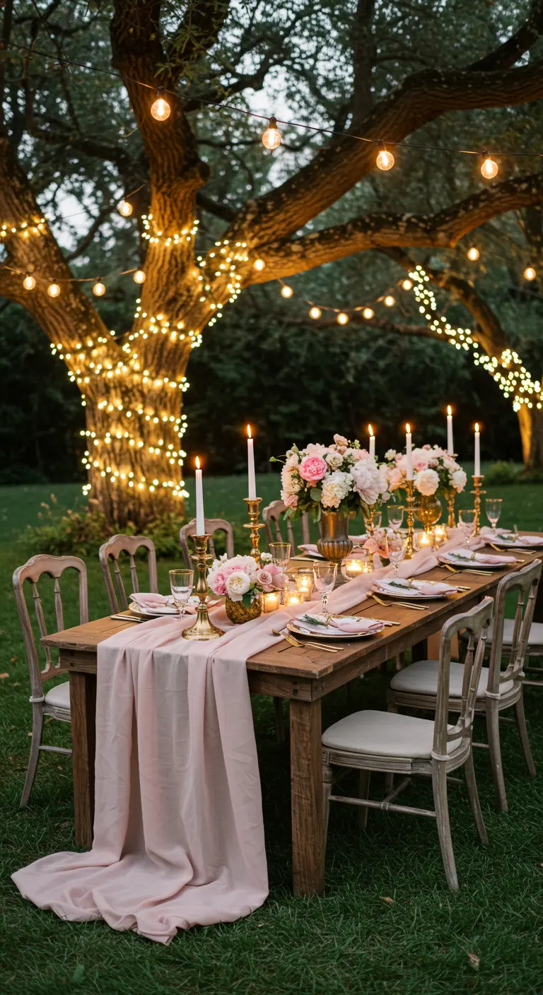 Outdoor dinner party table under a tree wrapped in glowing string lights.