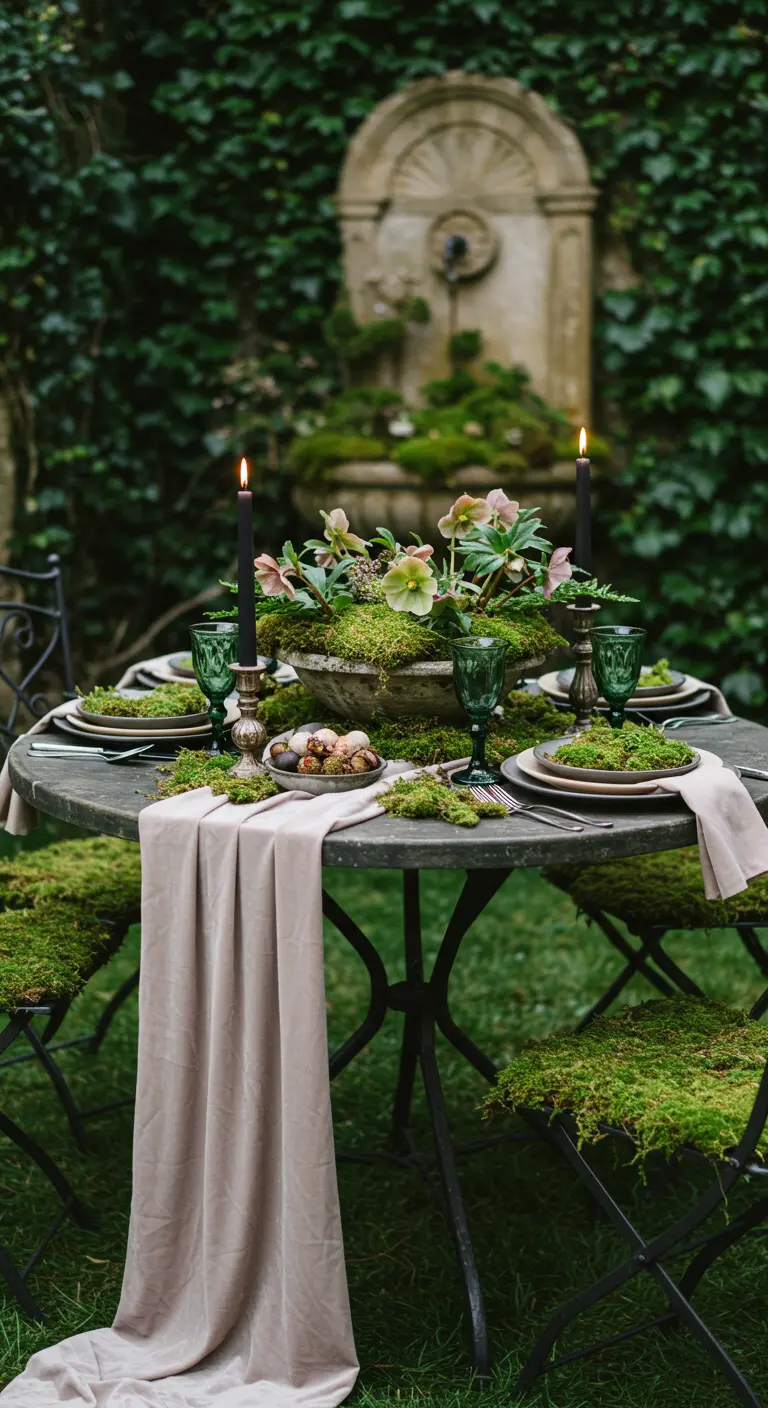 A moody, moss-covered table and chairs with black candles and a stone bowl centerpiece.