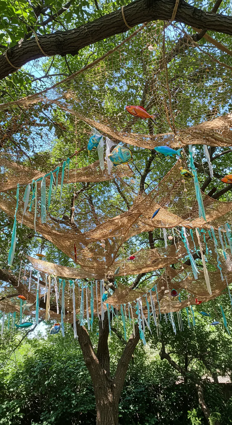 Fishing nets and light blue ribbons draped through the branches of a large tree for outdoor party decor.