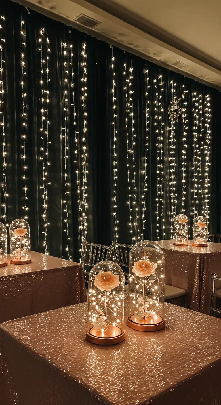 Tables with glowing glass cloches containing a single rose, set against a fairy light curtain.