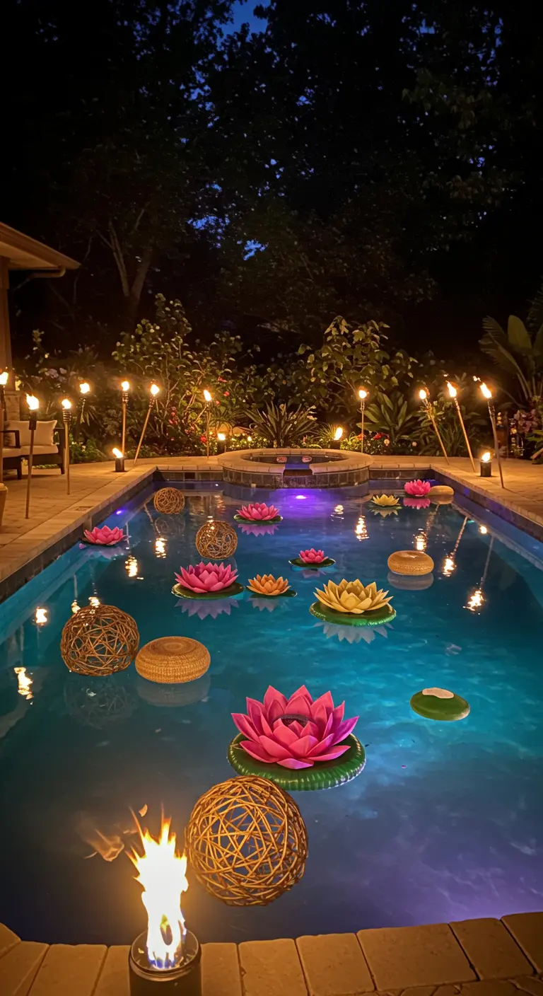 Pool at night with illuminated floating water lilies, rattan orbs, and tiki torches.