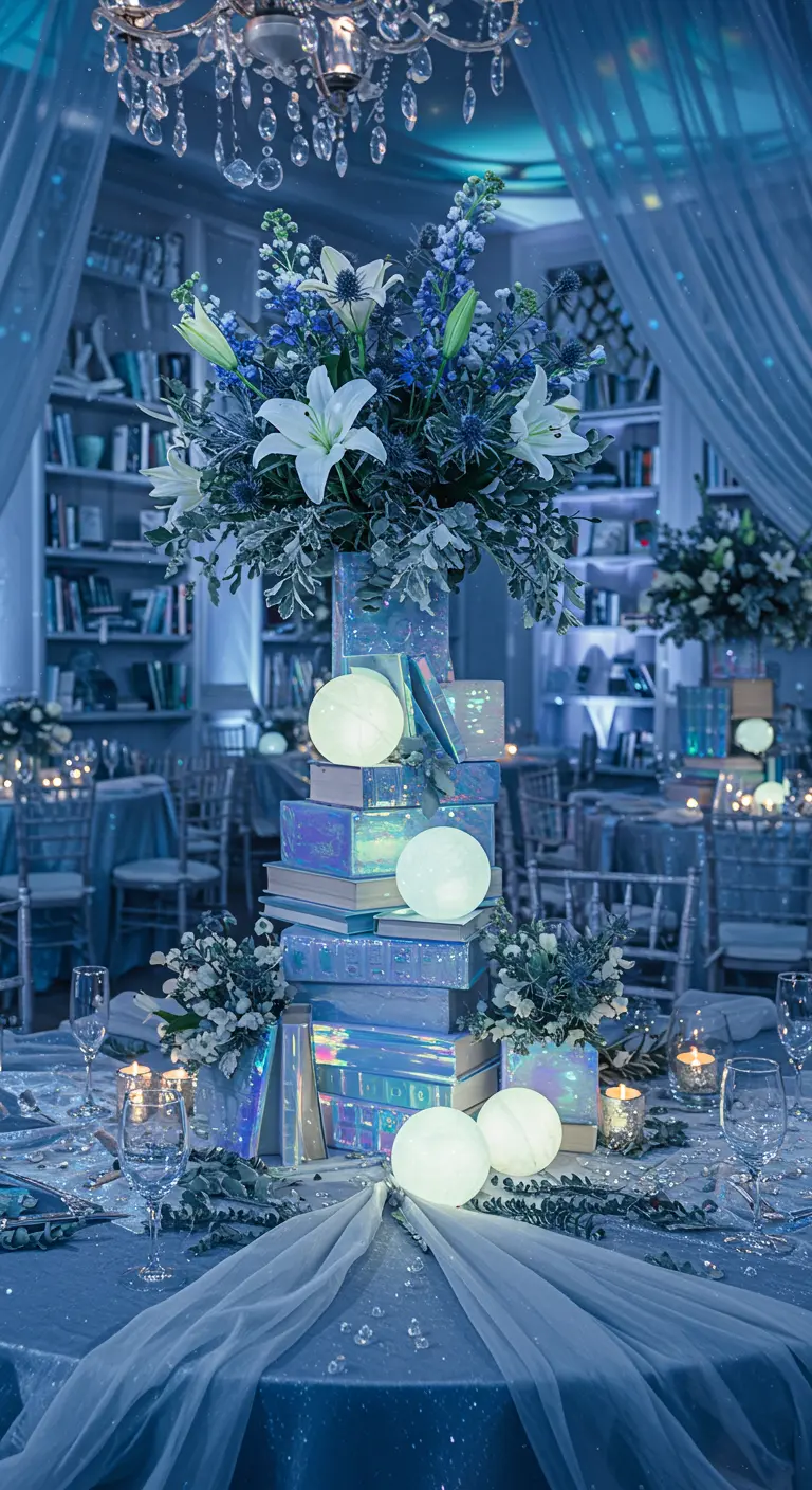 Icy blue and white library decor with iridescent books, glowing orbs, and white-blue flowers.