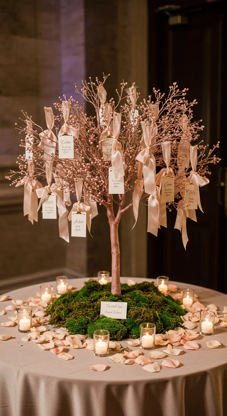 A small tree with branches holding ribbon-tied escort cards on a mossy base.