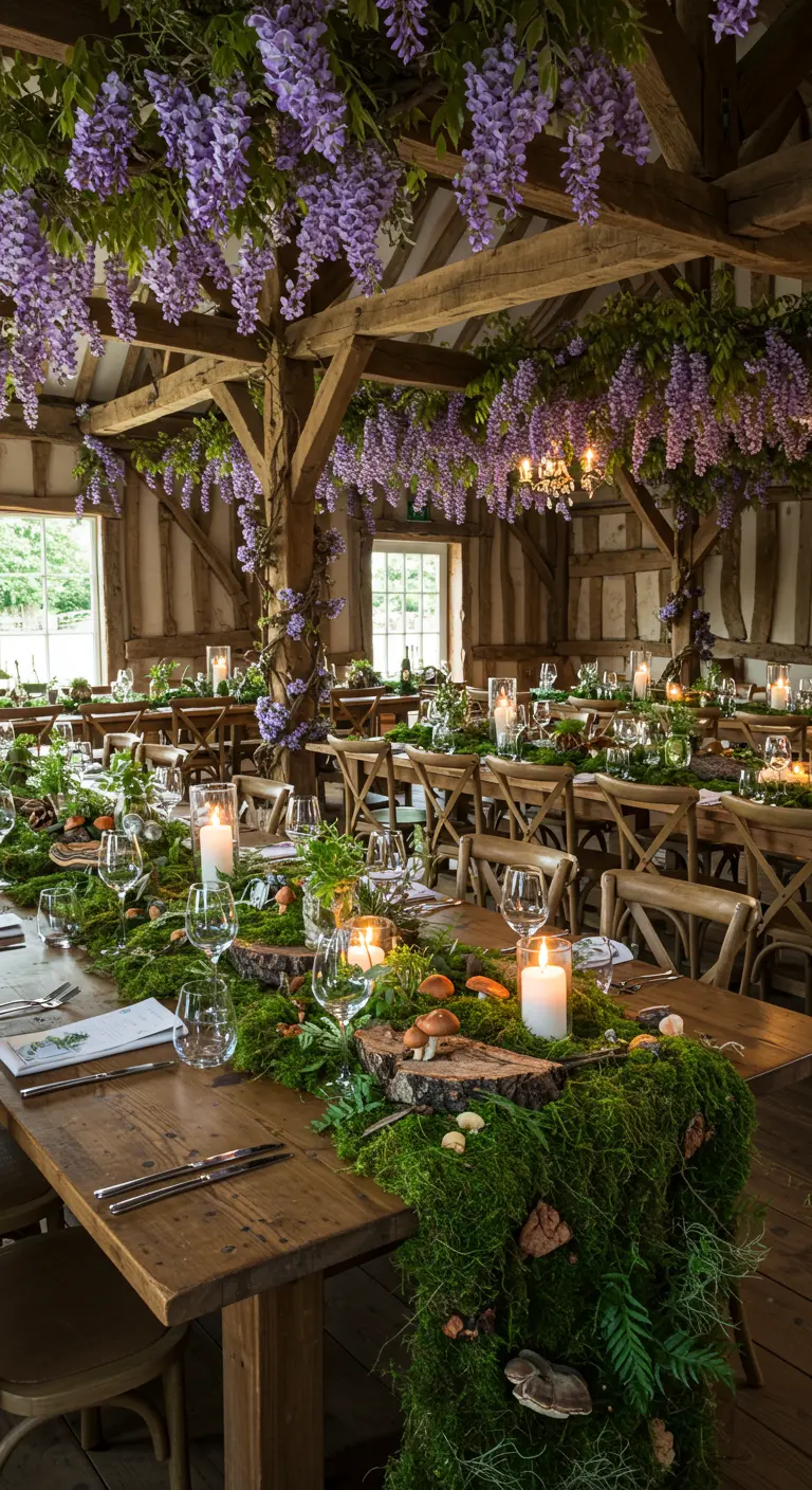 Rustic barn interior with long wooden tables decorated with lush moss runners and hanging wisteria.