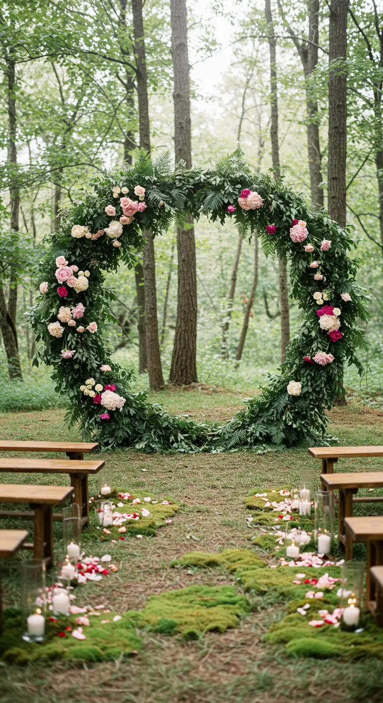 A circular wedding arch covered in greenery and pink peonies, set in a forest.