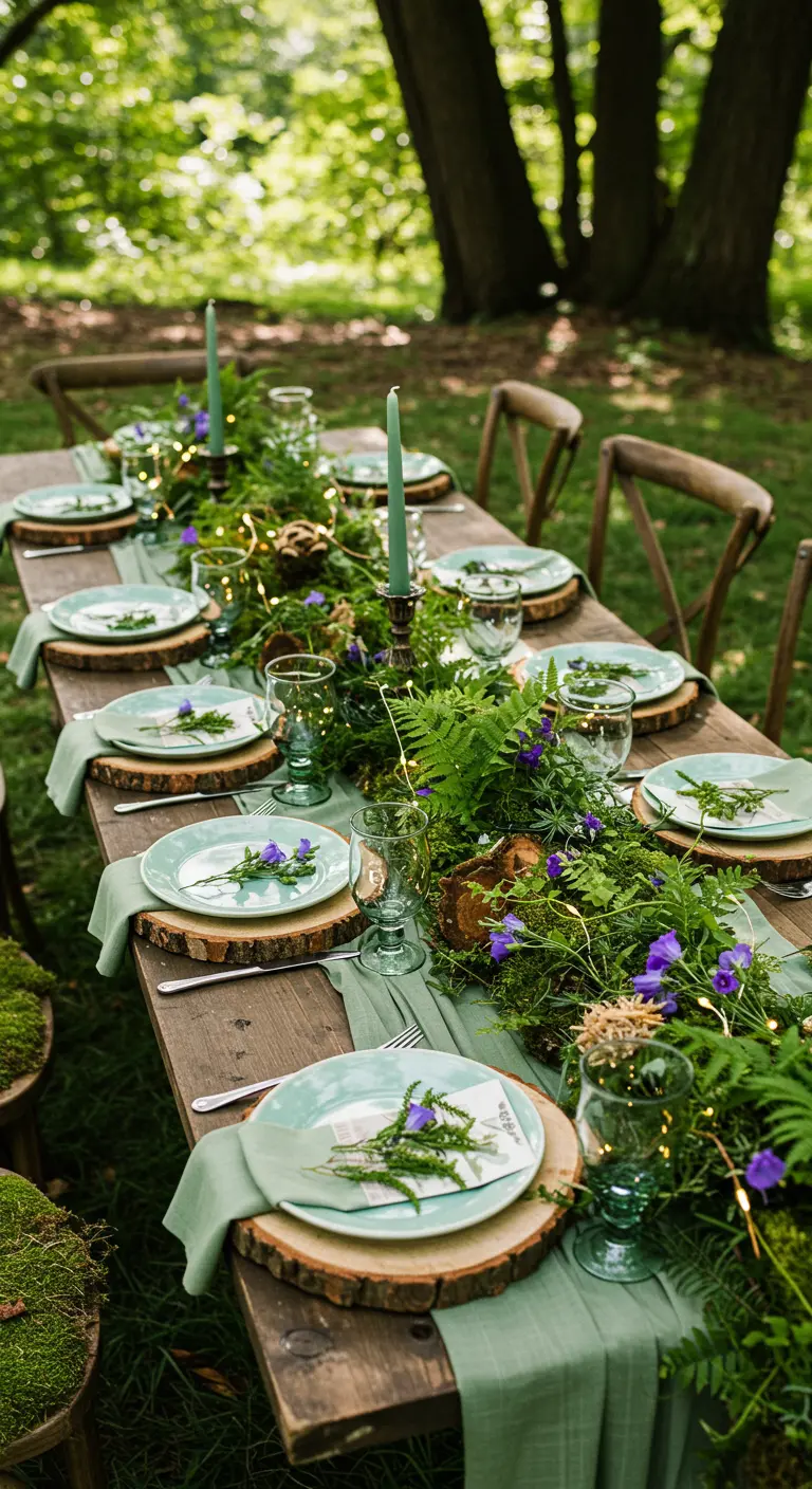 A forest-themed table with a green runner, ferns, moss, and tiny fairy lights.