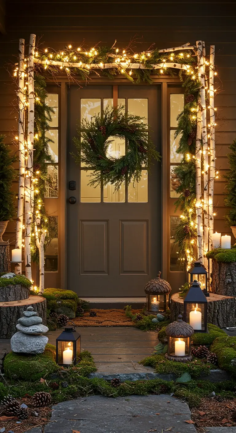 A woodland-themed porch with a birch branch arch, moss, logs, and lanterns.