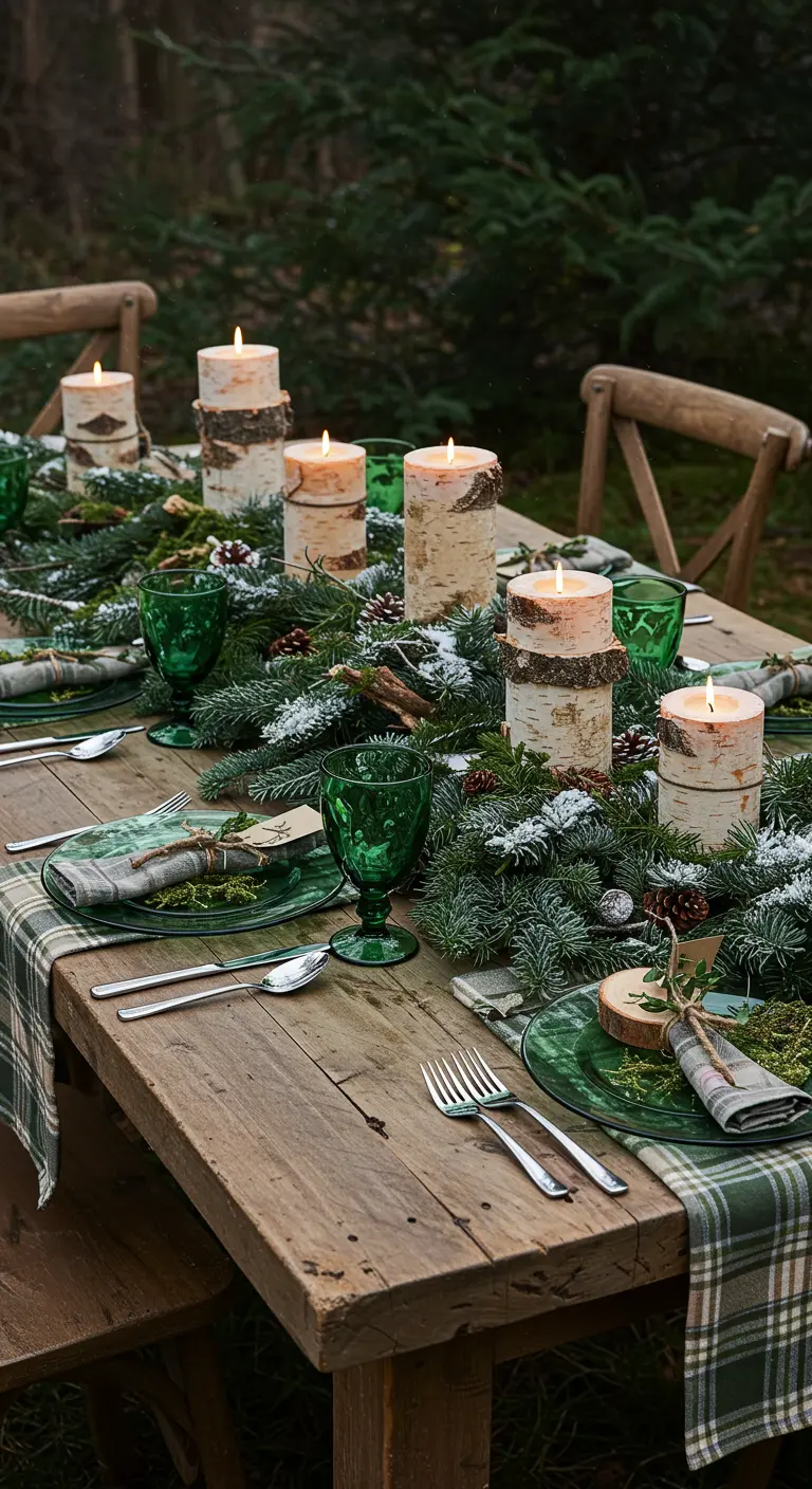 Woodland-themed Christmas table with birch candles, flocked garland, and green plaid linens.