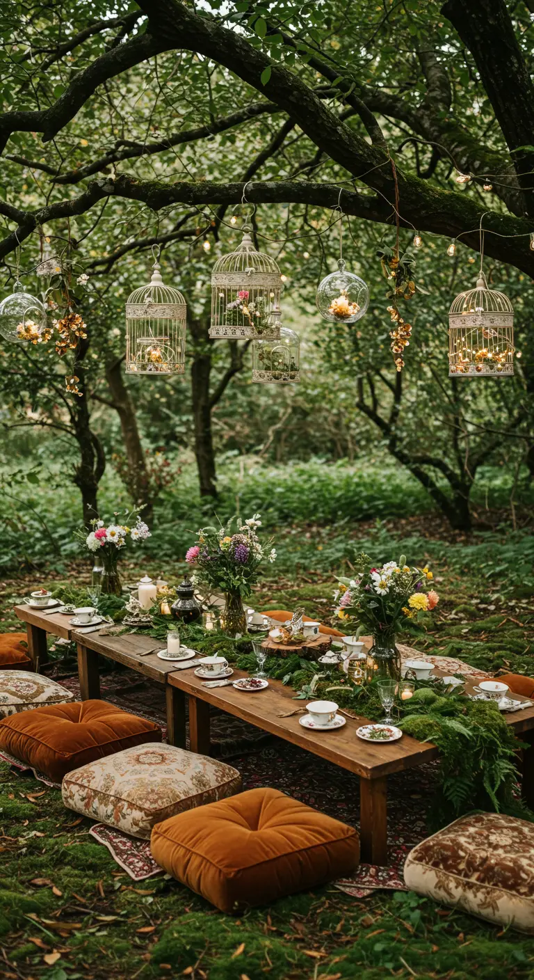 A low wooden table with floor cushions set for a tea party in a forest, with birdcages hanging from trees.