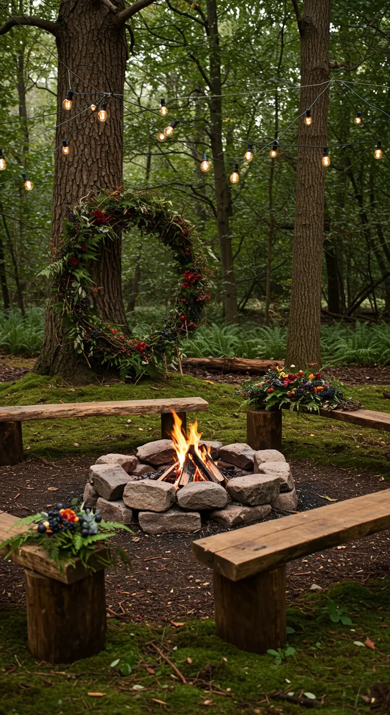 Woodland fire pit surrounded by log benches and a giant wreath made of branches and berries.