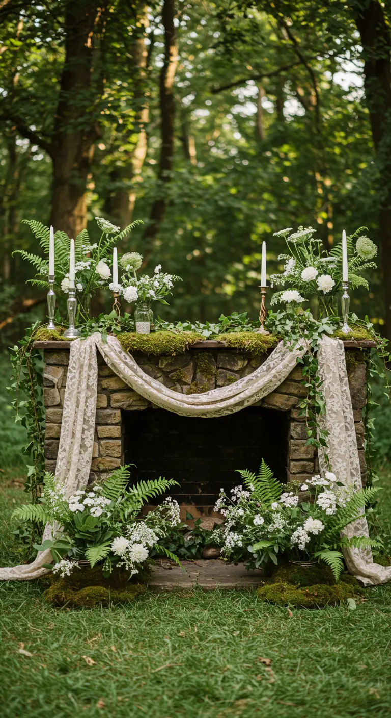 An outdoor stone fireplace covered in moss, ferns, white flowers, and lace.
