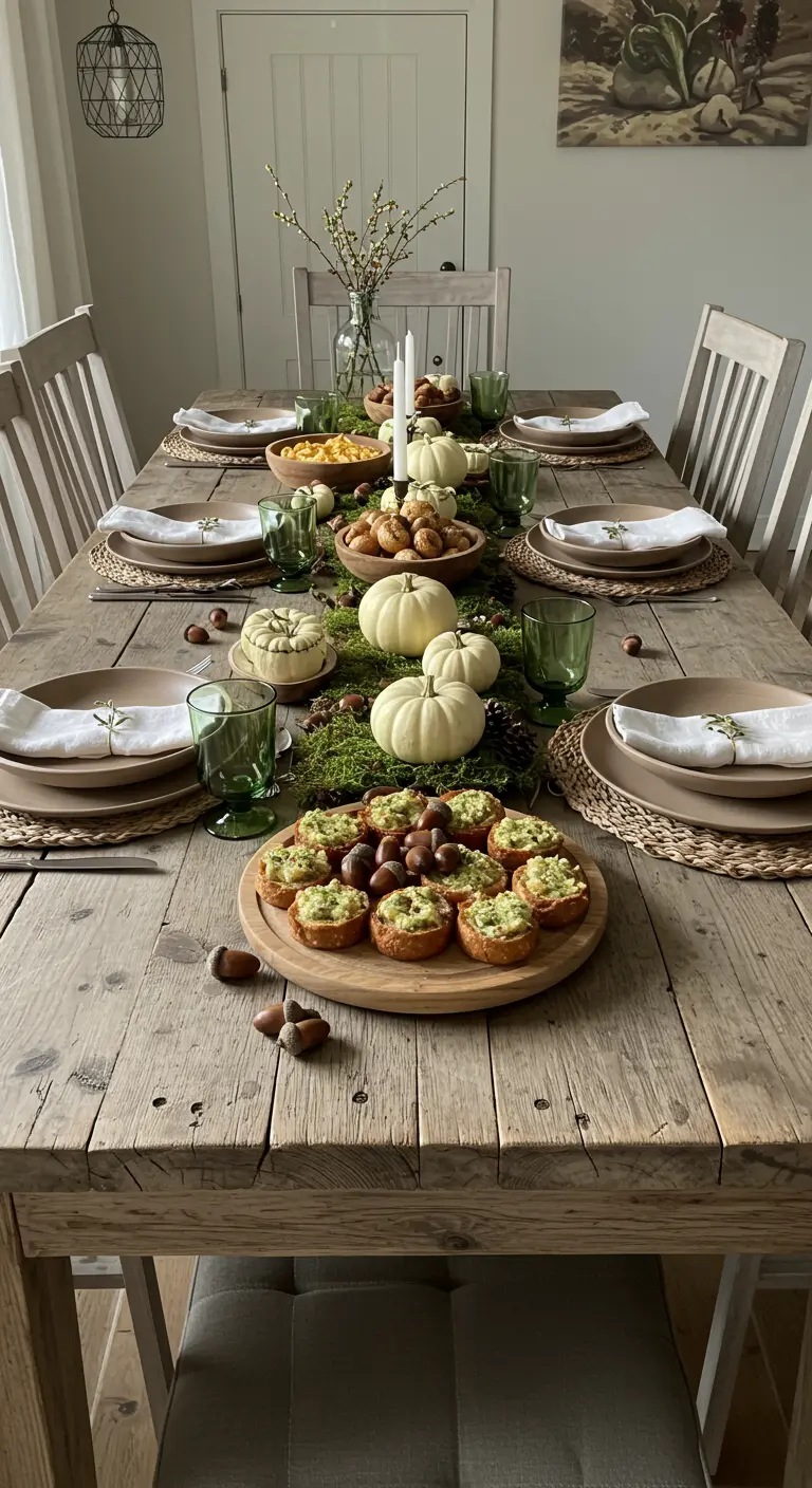 A rustic wood table with a moss runner, white pumpkins, and green glassware.