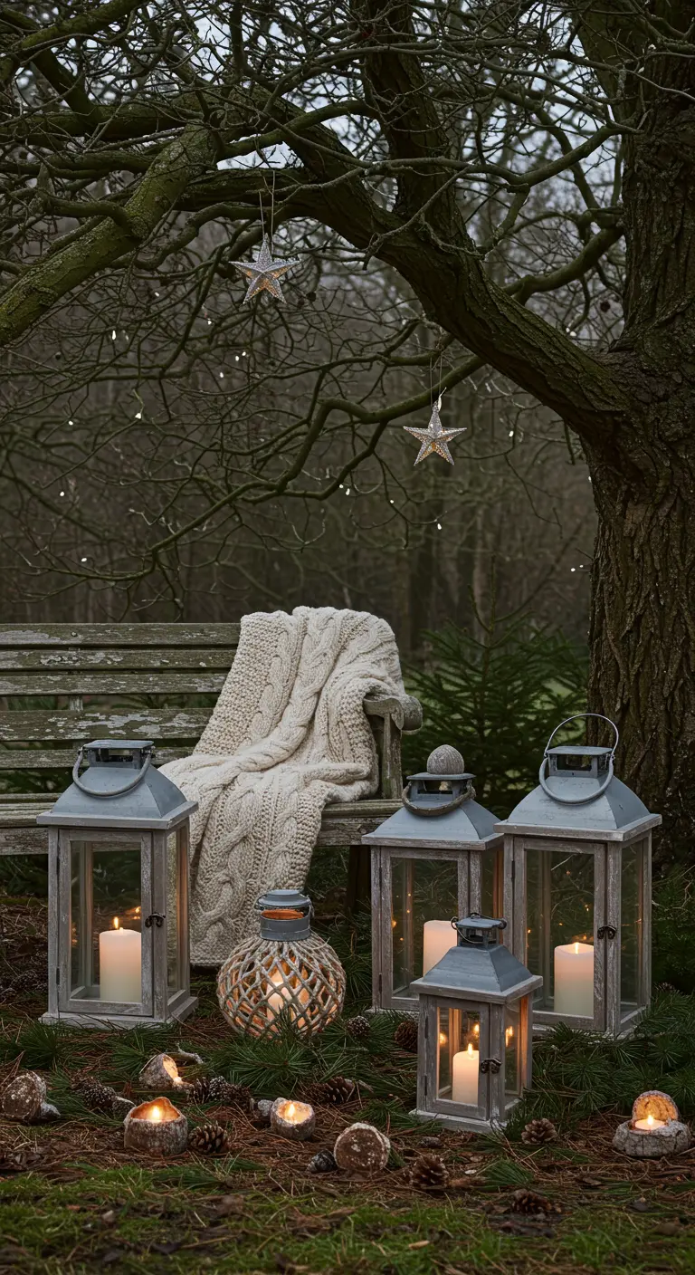 A collection of lanterns and a knit blanket on a bench under a tree.