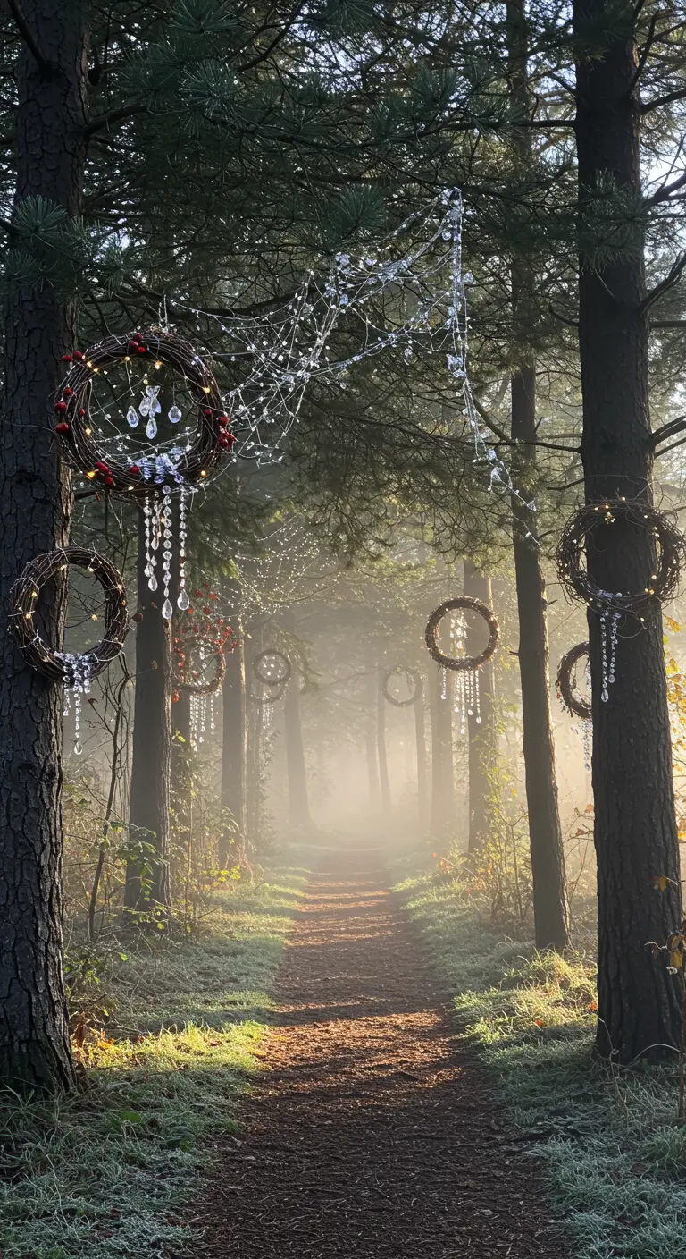 A misty forest path with decorated wreaths hanging from trees, creating a magical atmosphere.