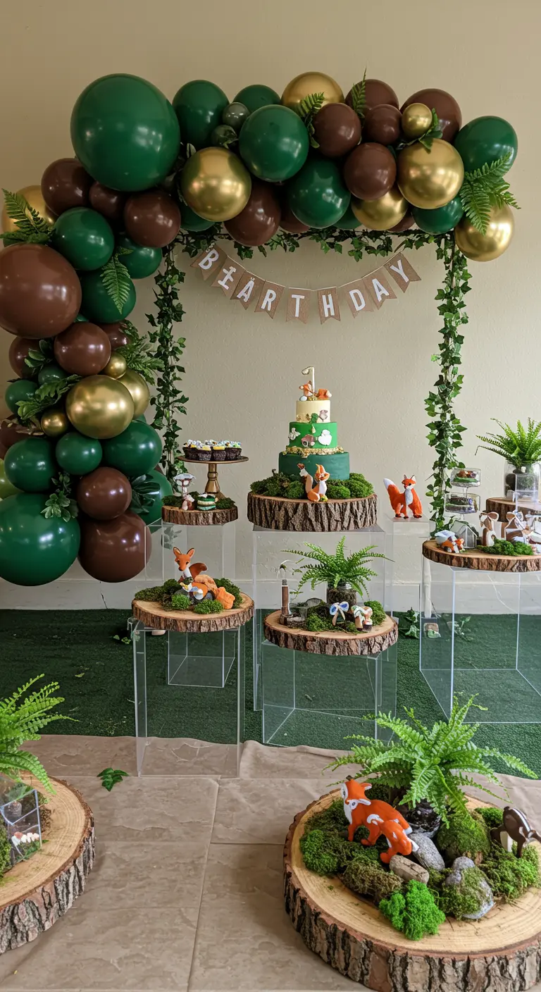 A woodland-themed party with a green and brown balloon arch, ivy, and fox figurines.
