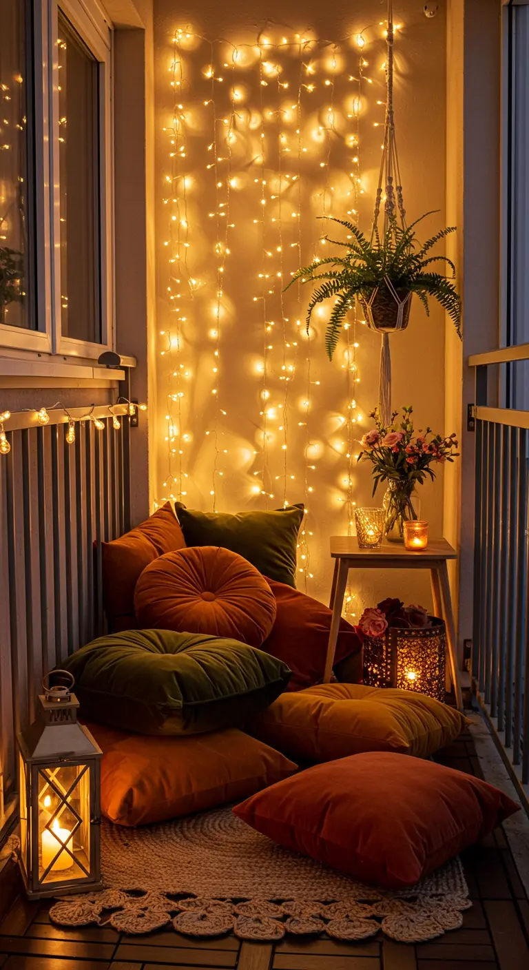 Small balcony with a wall of fairy lights, plush cushions, and a hanging fern.