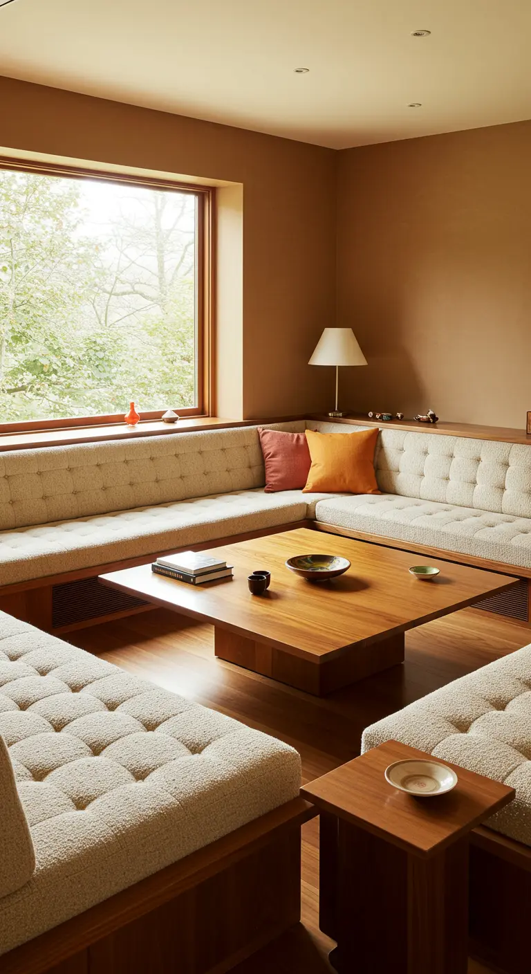 A living room with a large, built-in U-shaped banquette in a tufted cream fabric.