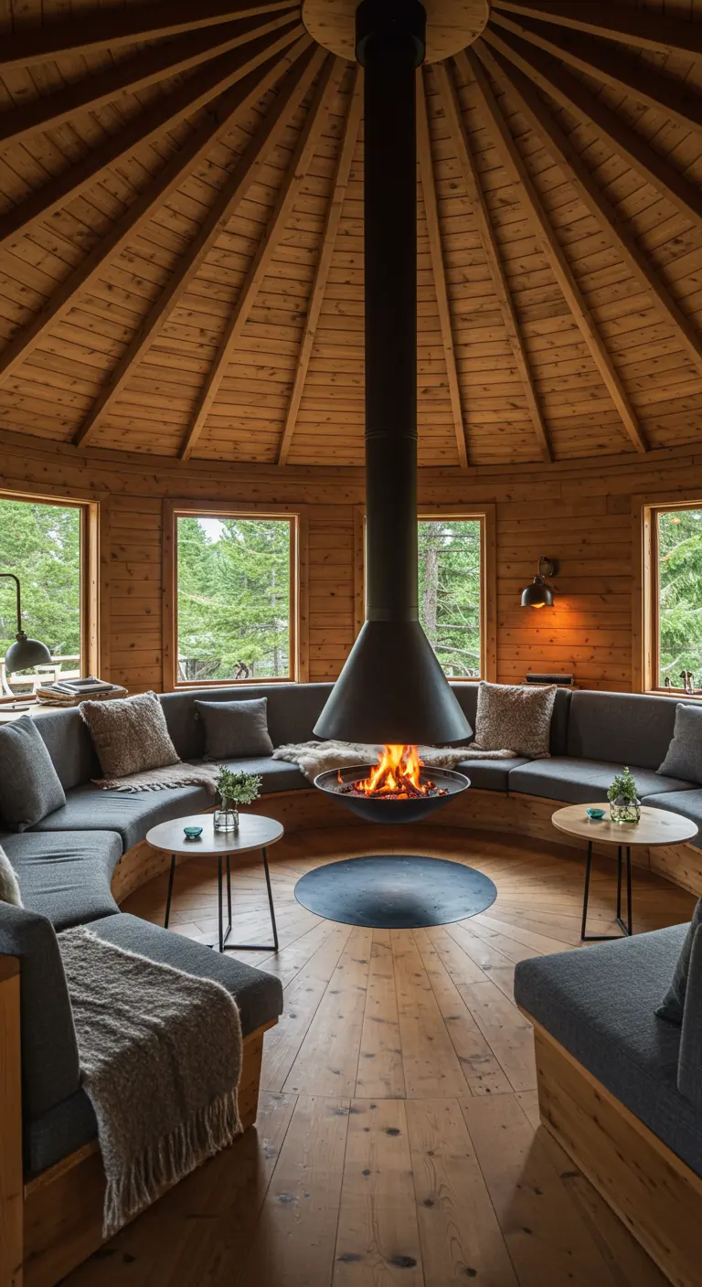 Round room with circular built-in seating around a central suspended fireplace.