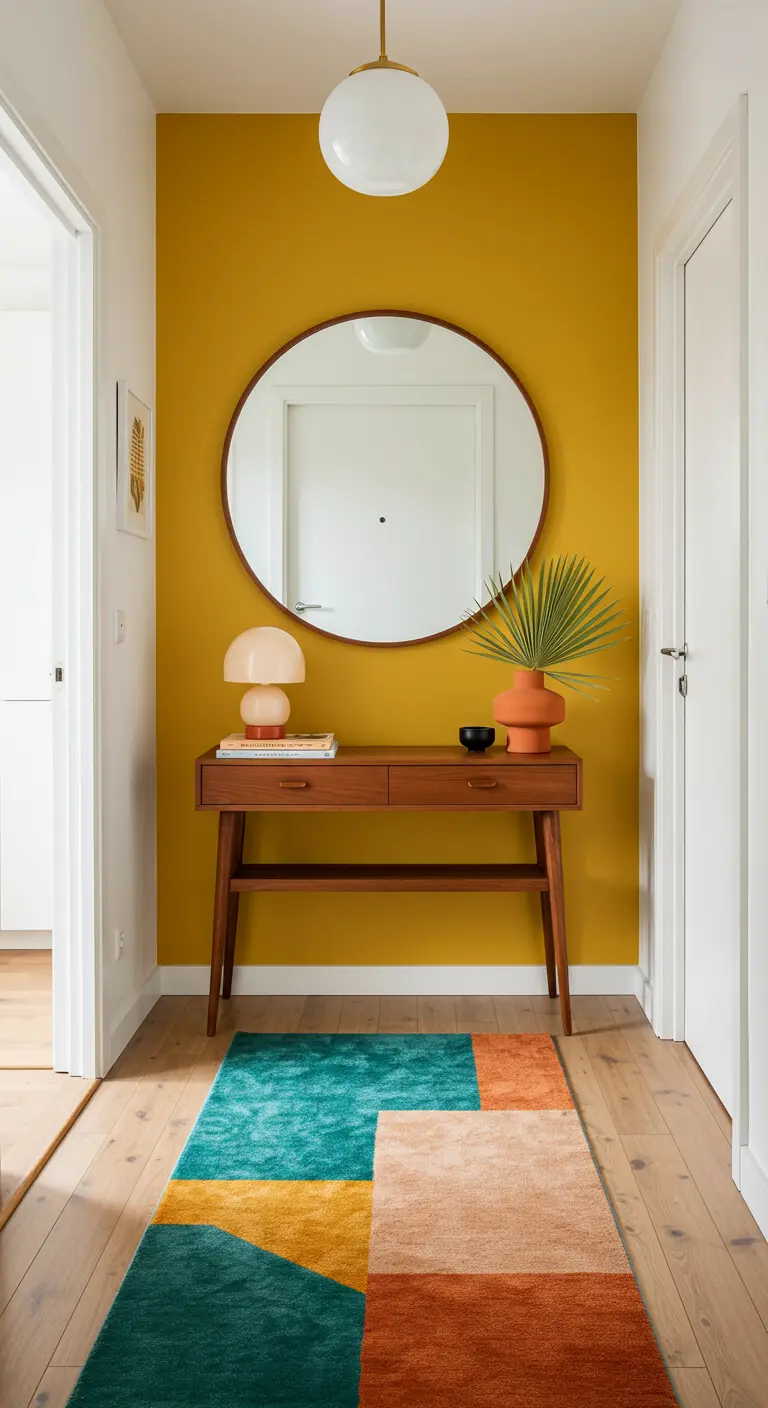 Hallway with a mustard accent wall, a large round mirror, and a colorful runner.
