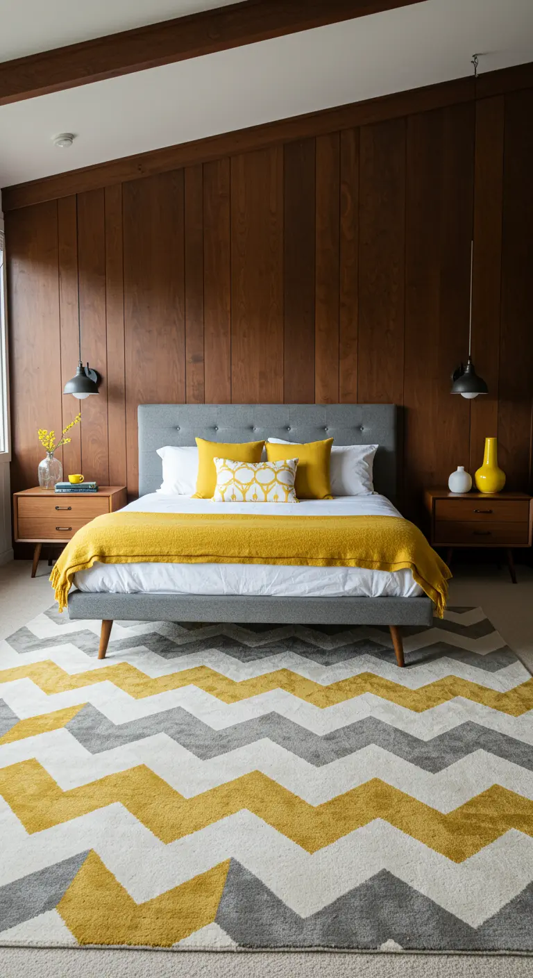 Mid-century bedroom with a wood accent wall and a yellow and gray chevron rug.