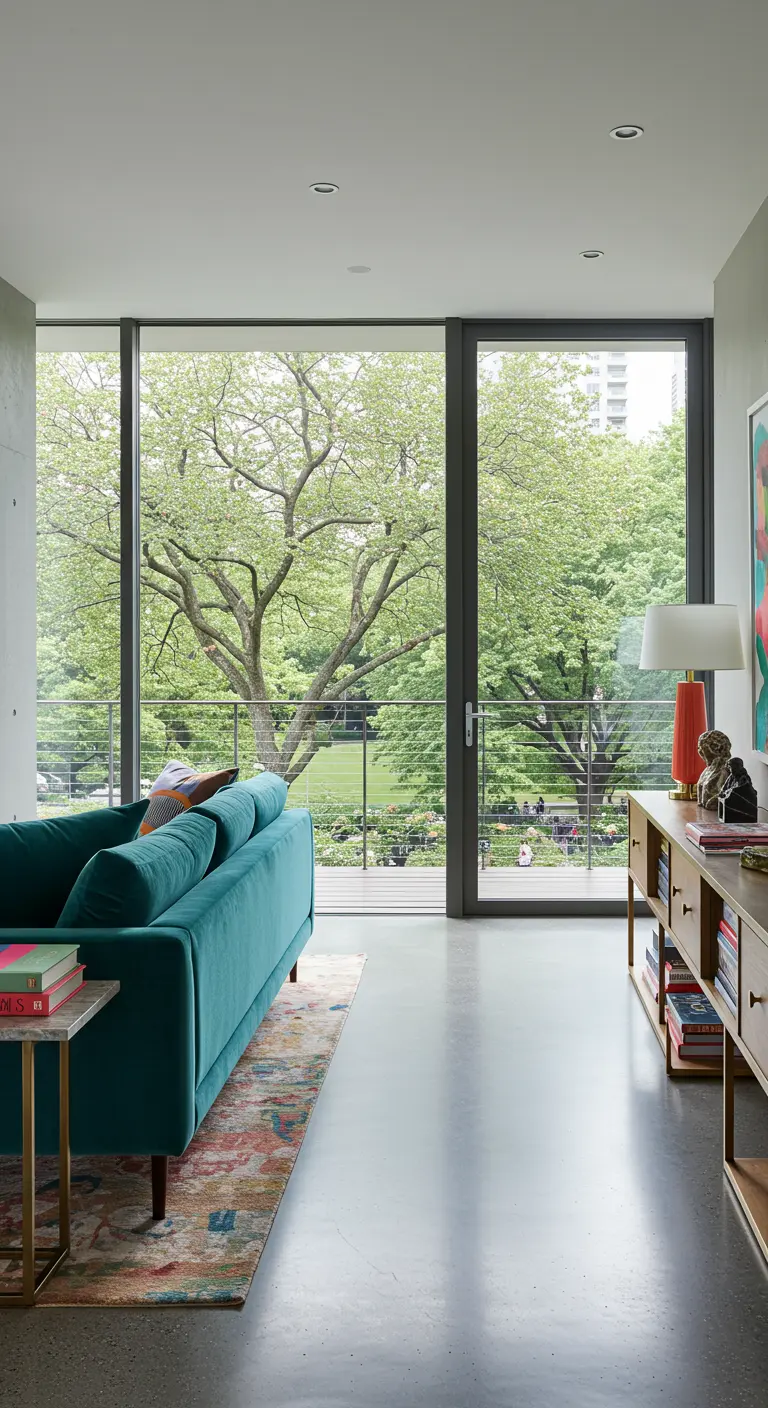 A living room with a teal sofa and a colorful patterned rug on a polished concrete floor.