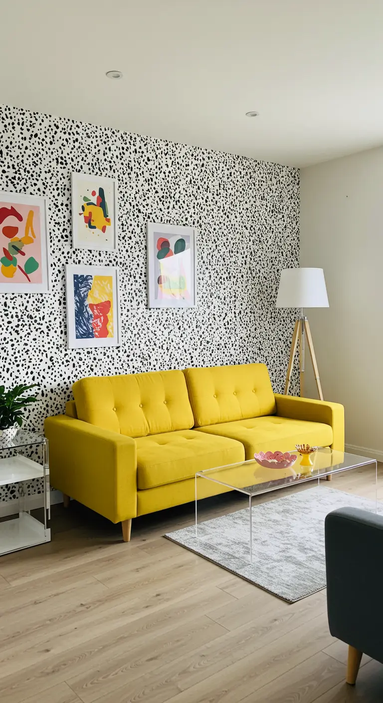 Bright living room with a Dalmatian print accent wall and a vibrant yellow sofa.