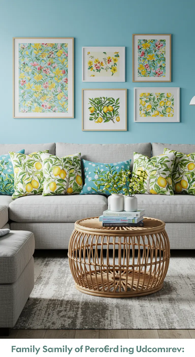 Gray sectional sofa decorated with bright lemon-print pillows in a blue-walled room.