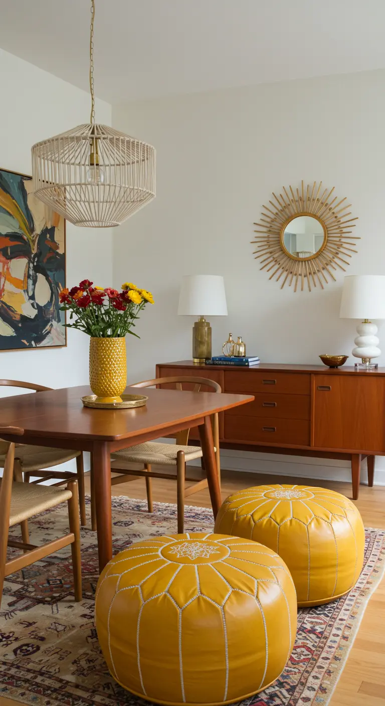 Mid-century modern dining room with bright yellow leather poufs and a sunburst mirror.