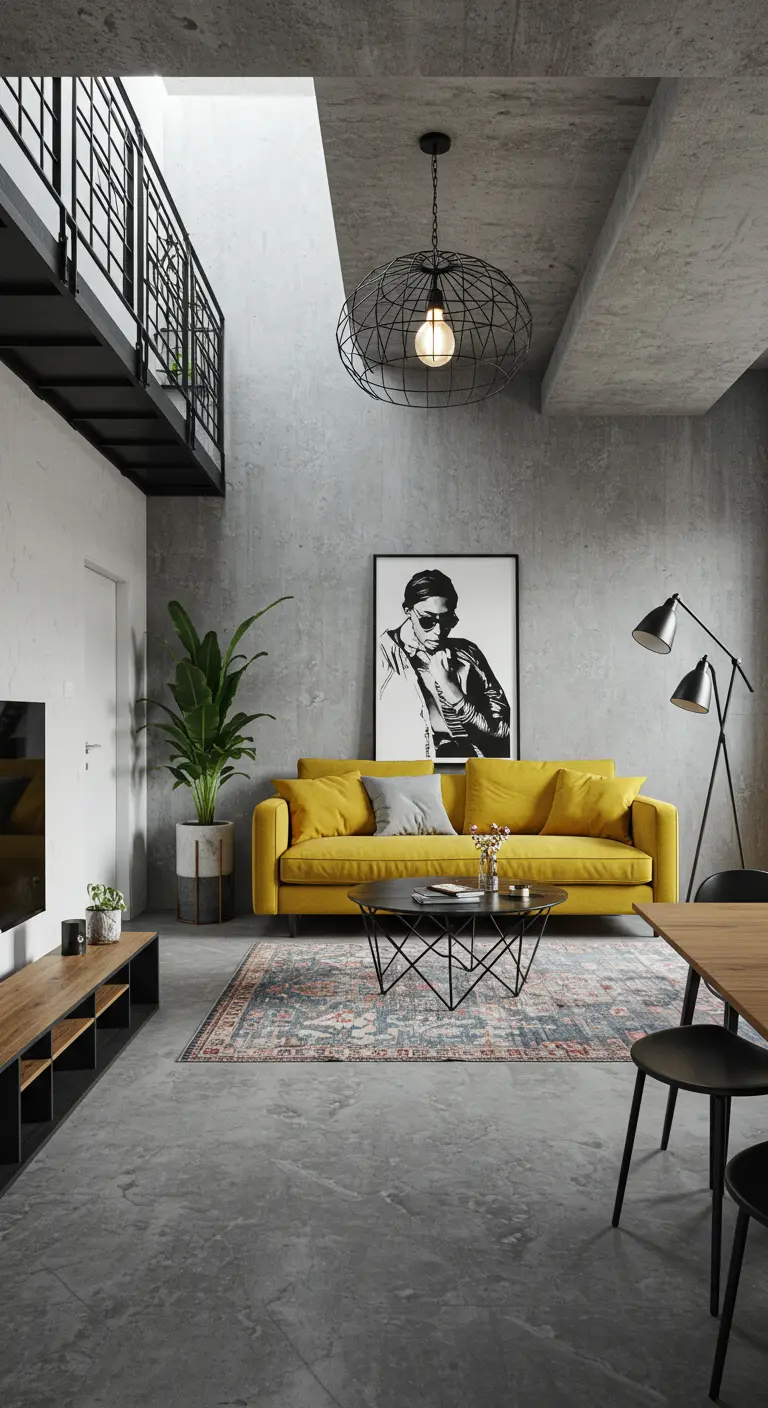 A bright yellow sofa stands out in a concrete-walled loft with minimal black and white decor.