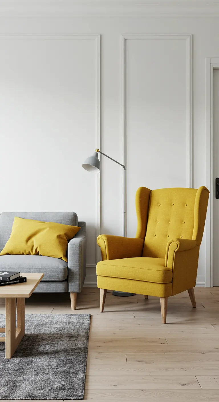 A bright yellow wingback armchair sits next to a small gray sofa in a minimalist room.