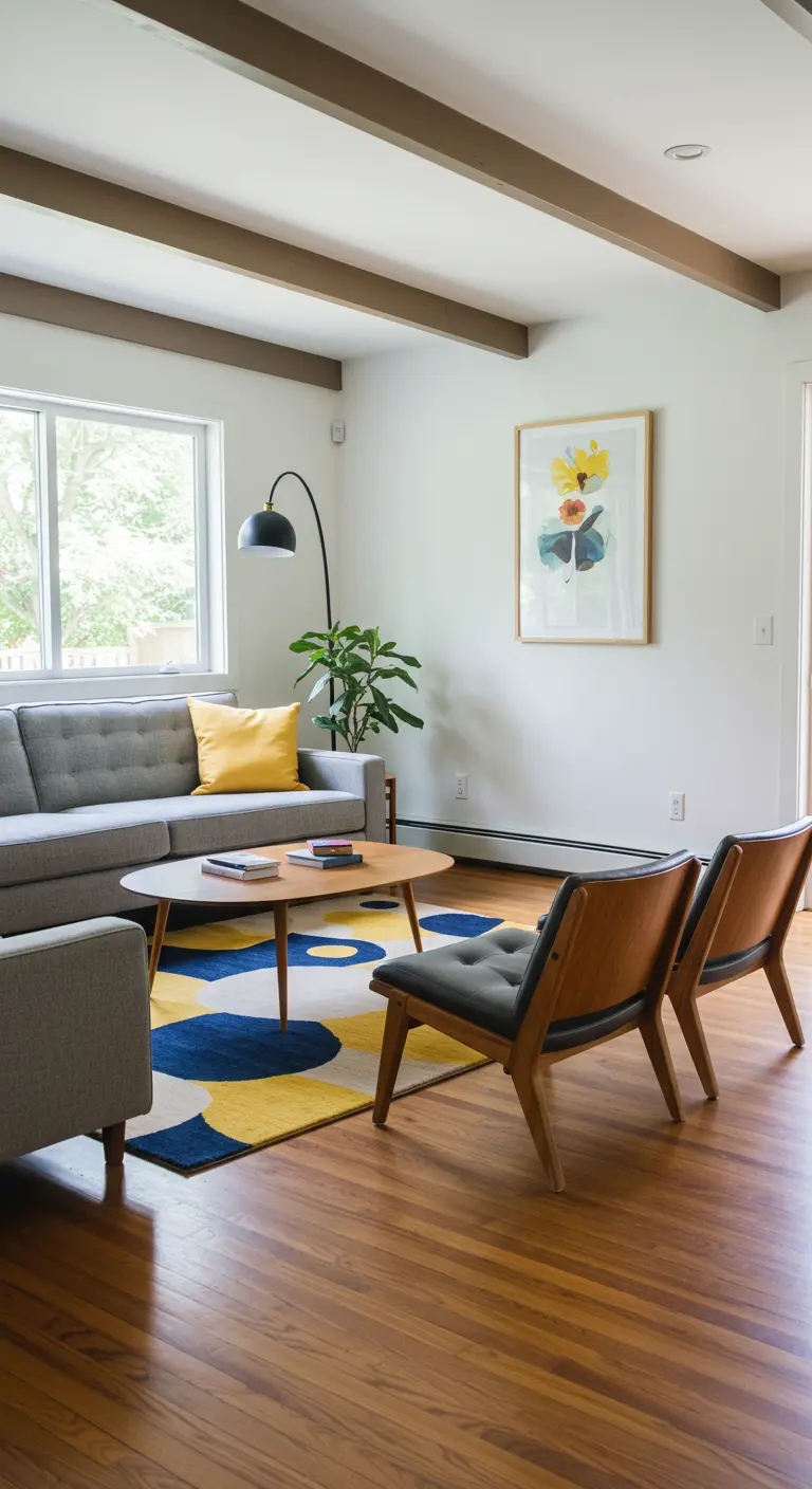 Living room with a gray sofa, wood chairs, and a bold blue and yellow abstract rug.