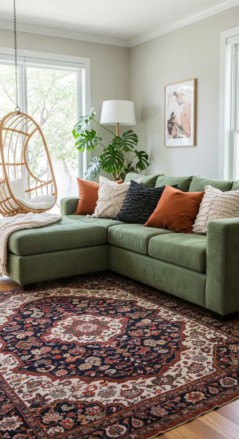 Living room with a sage green sectional, burnt orange pillows, and a large patterned rug.