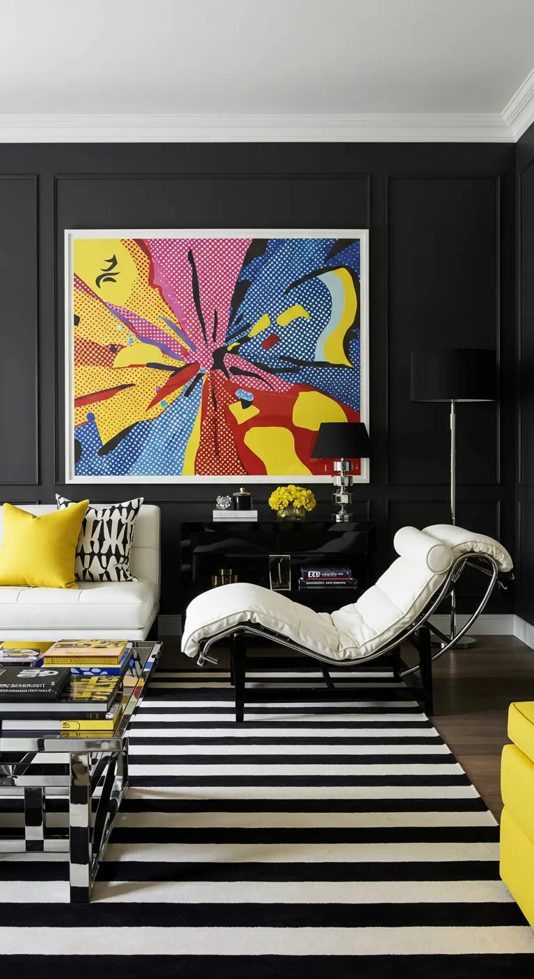 A colorful Pop Art painting hangs on a black wall above a white chaise and striped rug.