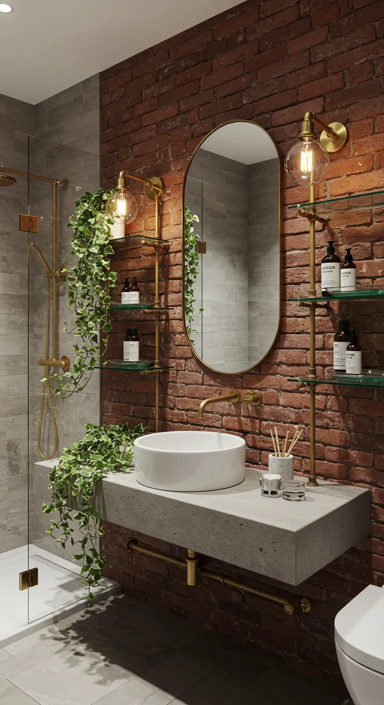 A brick-wall bathroom with a floating concrete vanity, brass fixtures, and trailing green plants.