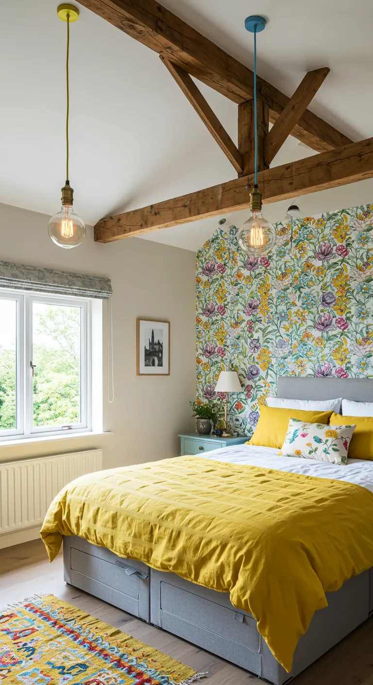Bedroom with a colorful floral accent wall, yellow bedding, and bright pendant cords.