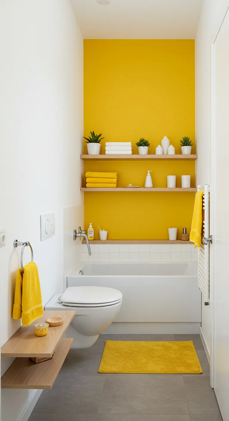 White bathroom with a bright yellow accent wall behind the tub and toilet.